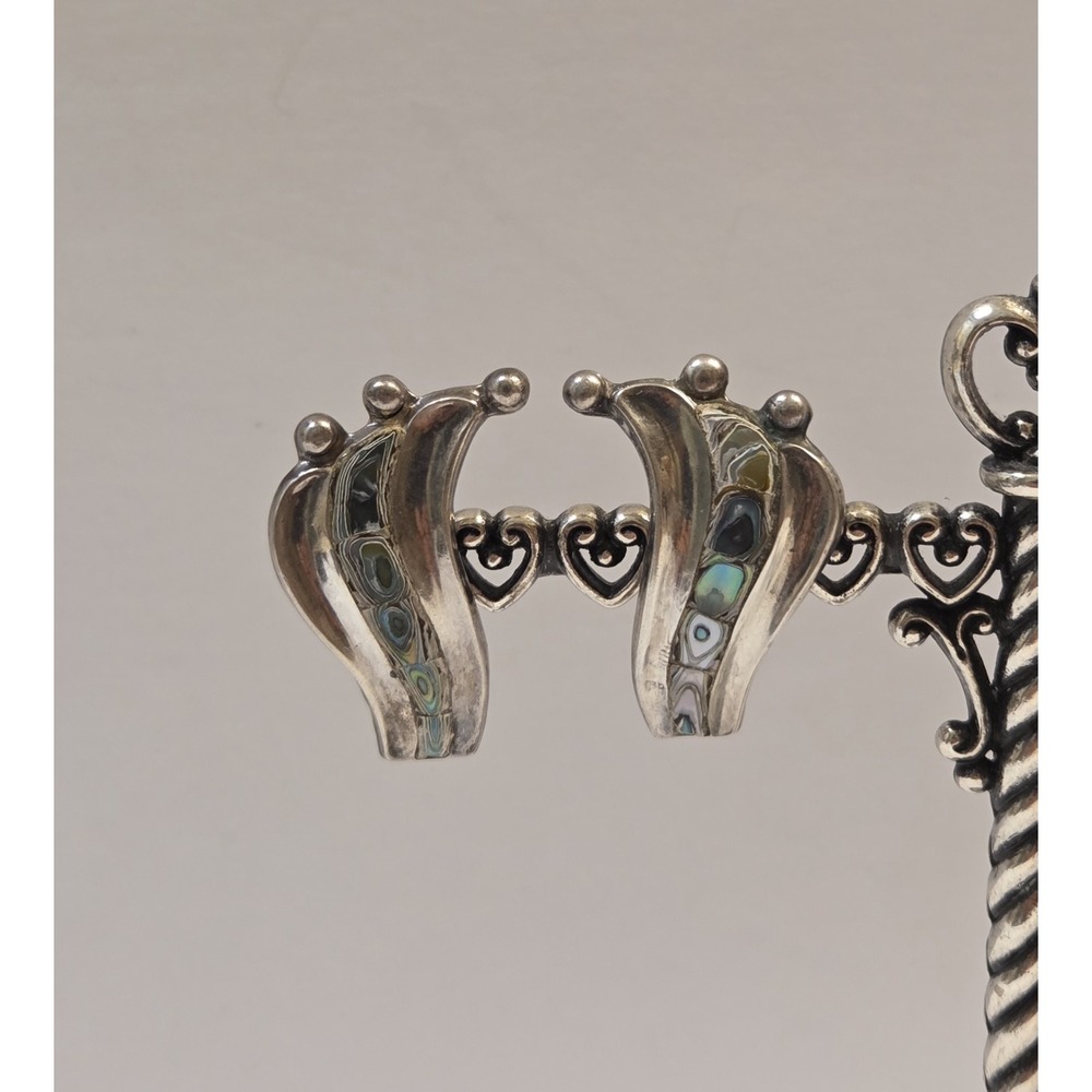 1950 Taxco Sterling Silver‎ Abalone Modernist Screw Back Earrings Signed SHC